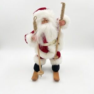 Vintage Skiing Santa 9” Figurine With Wooden Skis & Gold Glasses Late 90’s